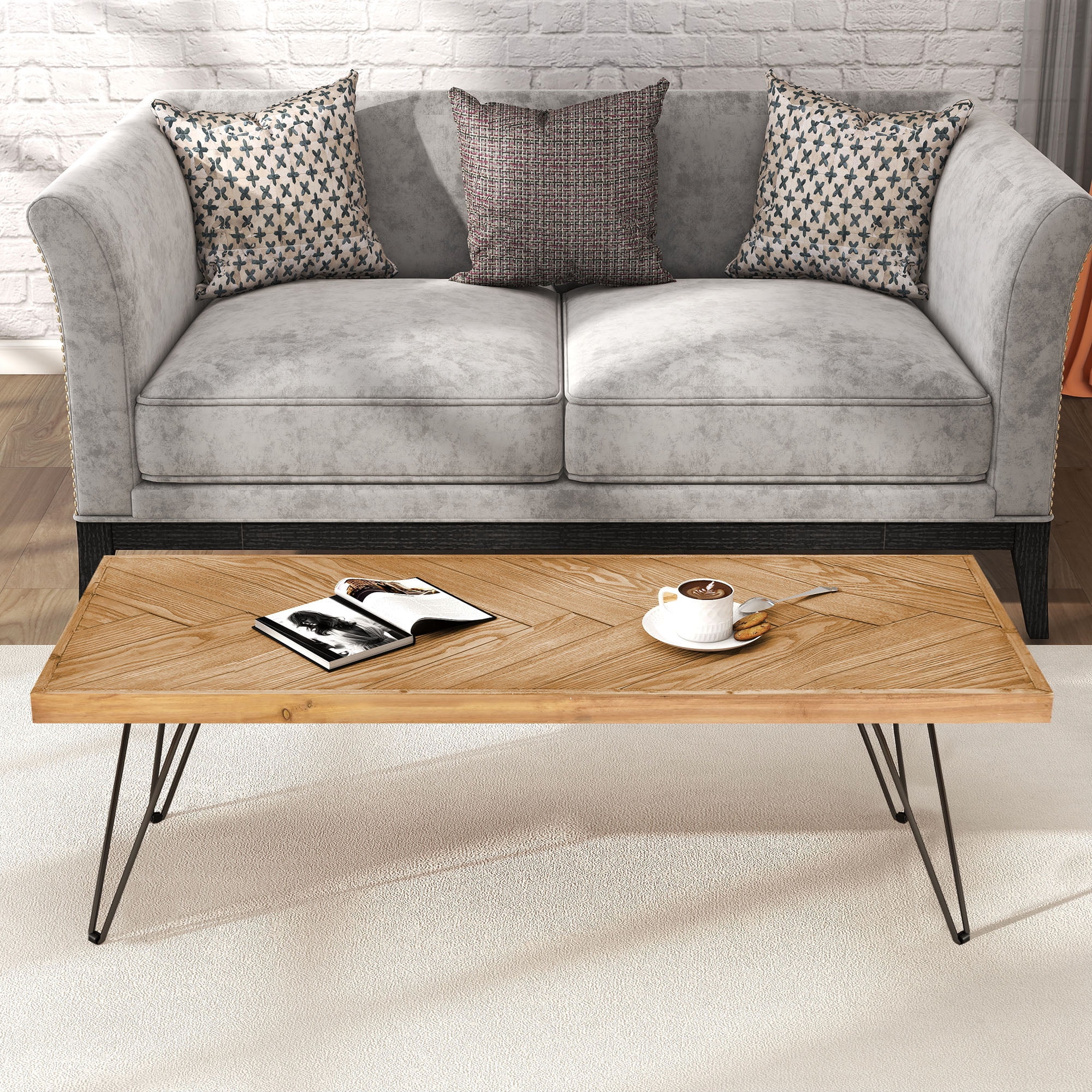 MAYEERTY Modern Coffee Table with Chevron Pattern & Metal Hairpin Legs, Easy Assembly Tea & Cocktail Table for Living Room, Ash Wood Finish