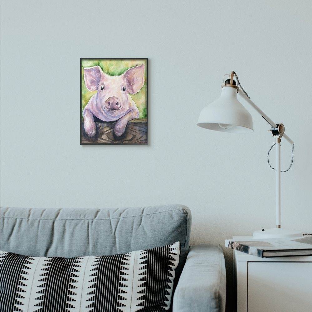 Stupell Industries Pink Pig Animal Green Watercolor Painting Framed Giclee Texturized Art by George Dyachenko