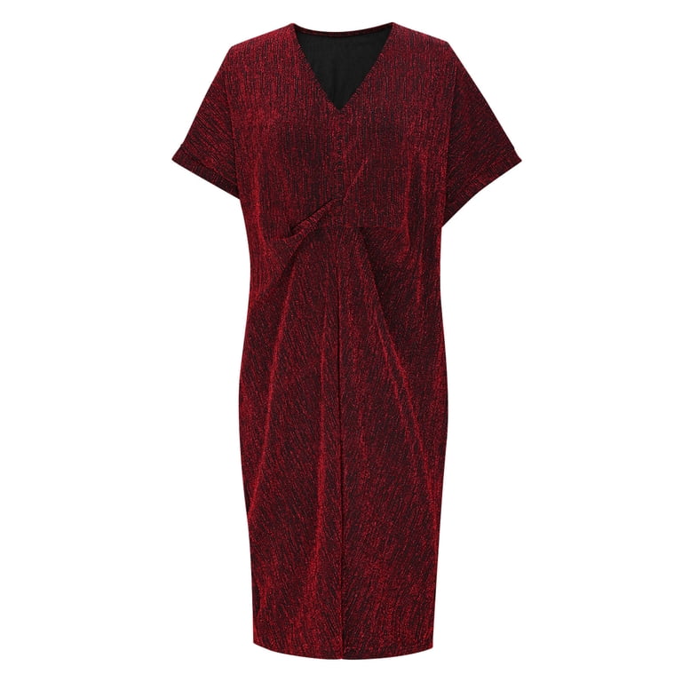 Ovbmpzd Womens Dress Wedding Guest Red Midi Bat Sleeve Dress V Neck Dresses Womens Party Dress 3XL, Women's
