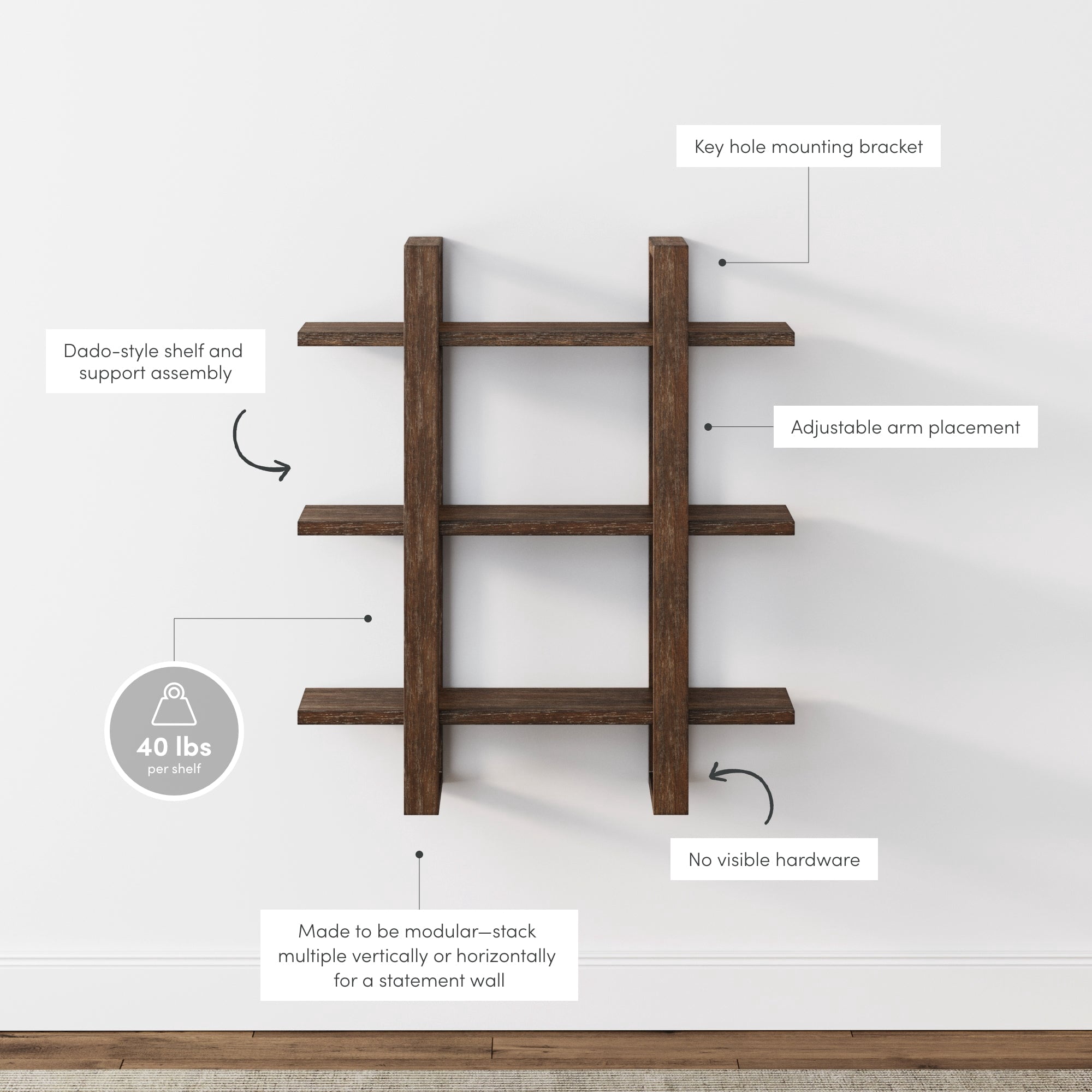 Nathan James Benji Floating Wall Book Shelves, 3-Tier Display Shelf, Decorative Modular Shelf in Solid Wood, Dark Brown