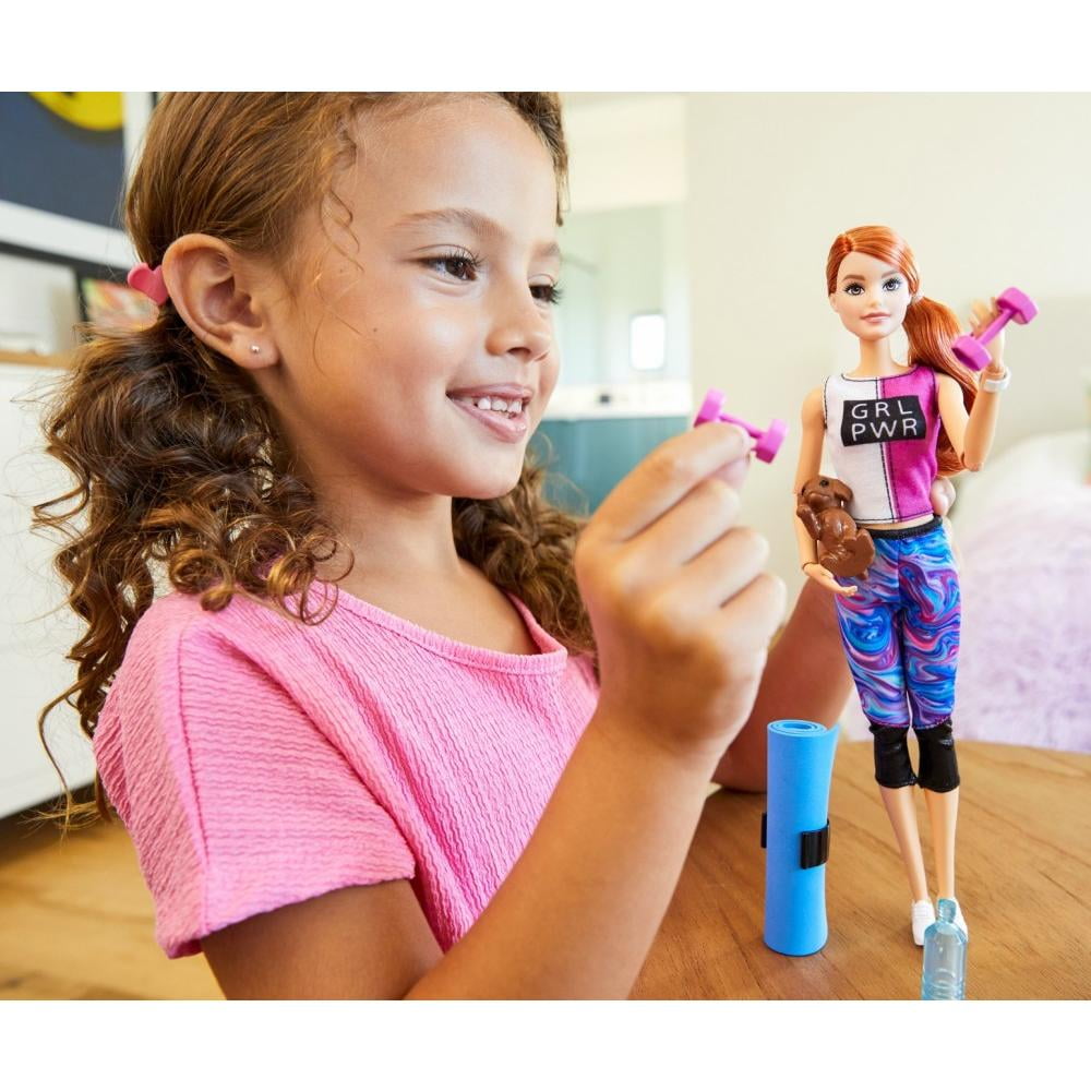 Barbie Fitness Red-Haired Doll with Puppy and 9 Accessories Including Yoga Mat and Bag
