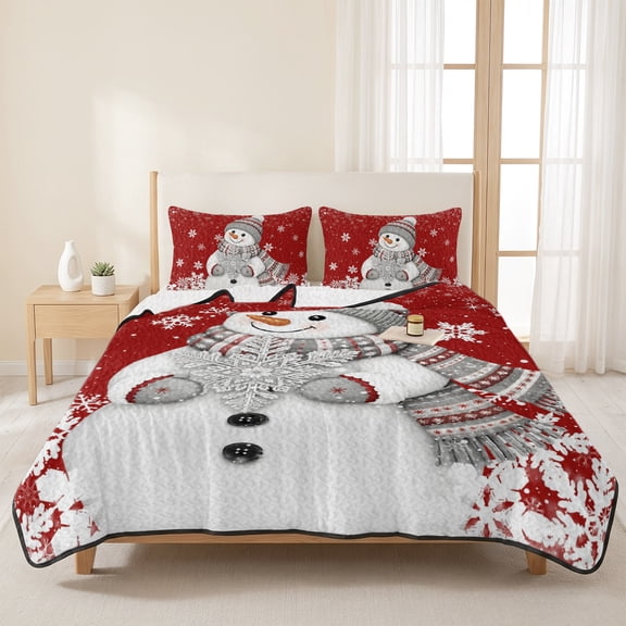 3 Pieces Twin Quilt Set,Vintage Snowman Christmas Soft Bedding Sets with 1 Quilt & 2 Pillow Shams,Winter Snowflake on Red Summer Bedspread Lightweight Coverlet Comforter for All Season