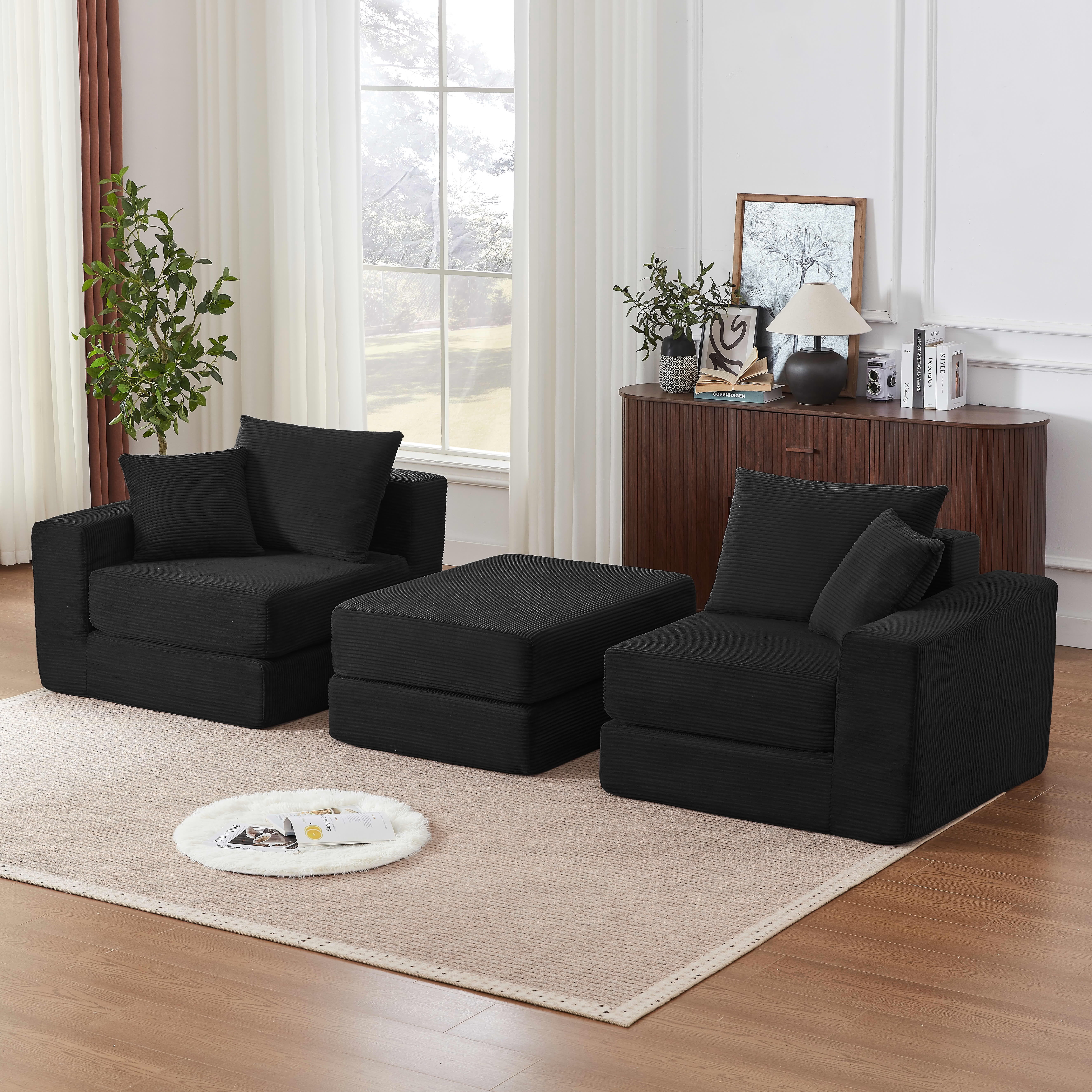 MAYEERTY Minimalist Corduroy Modular Sectional Cloud Sofa - Boneless Sleeper Couch for Customizable Living Spaces, Black