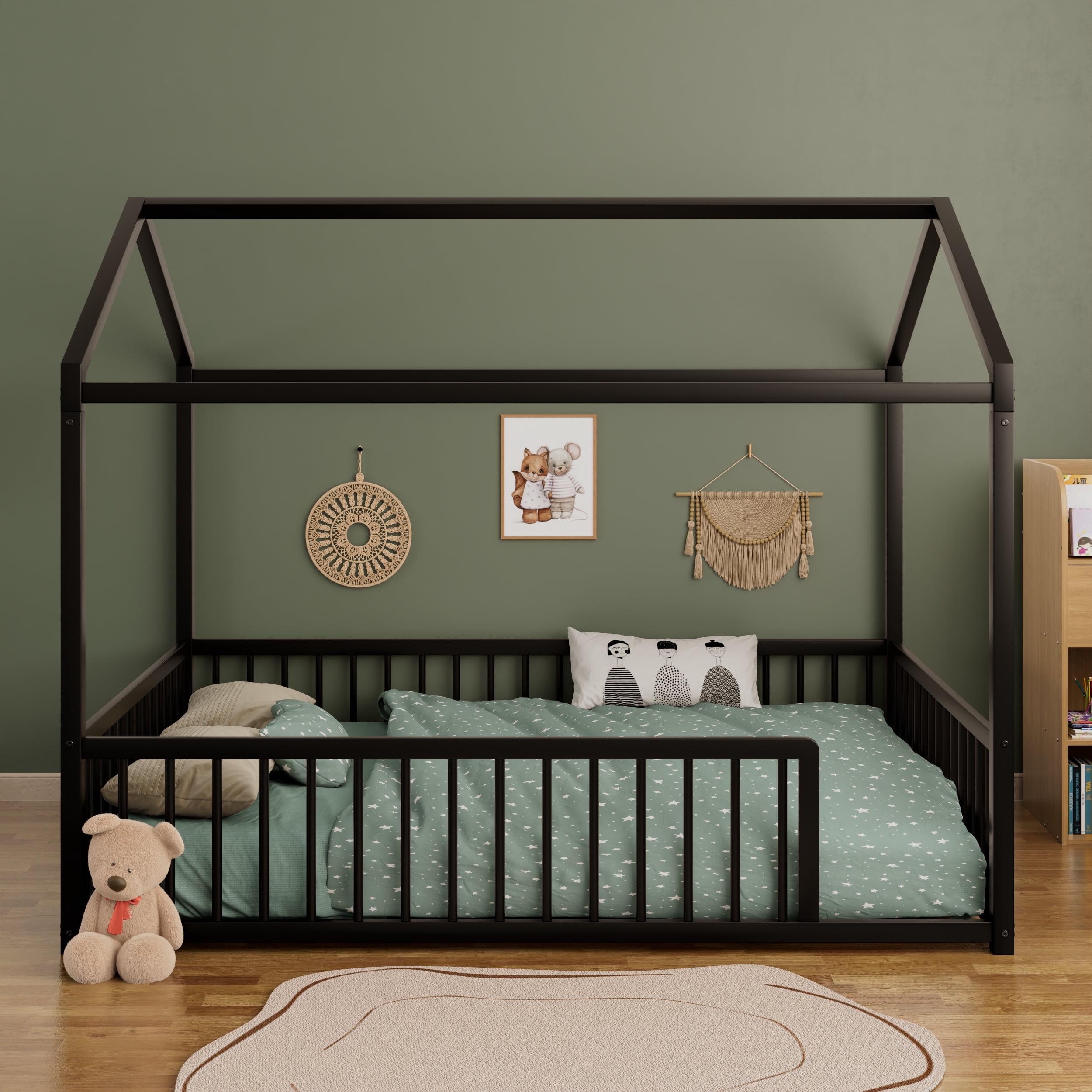 Euroco Metal Full Size Canopy Bed, Low Profile House Bed with Guardrails, Black