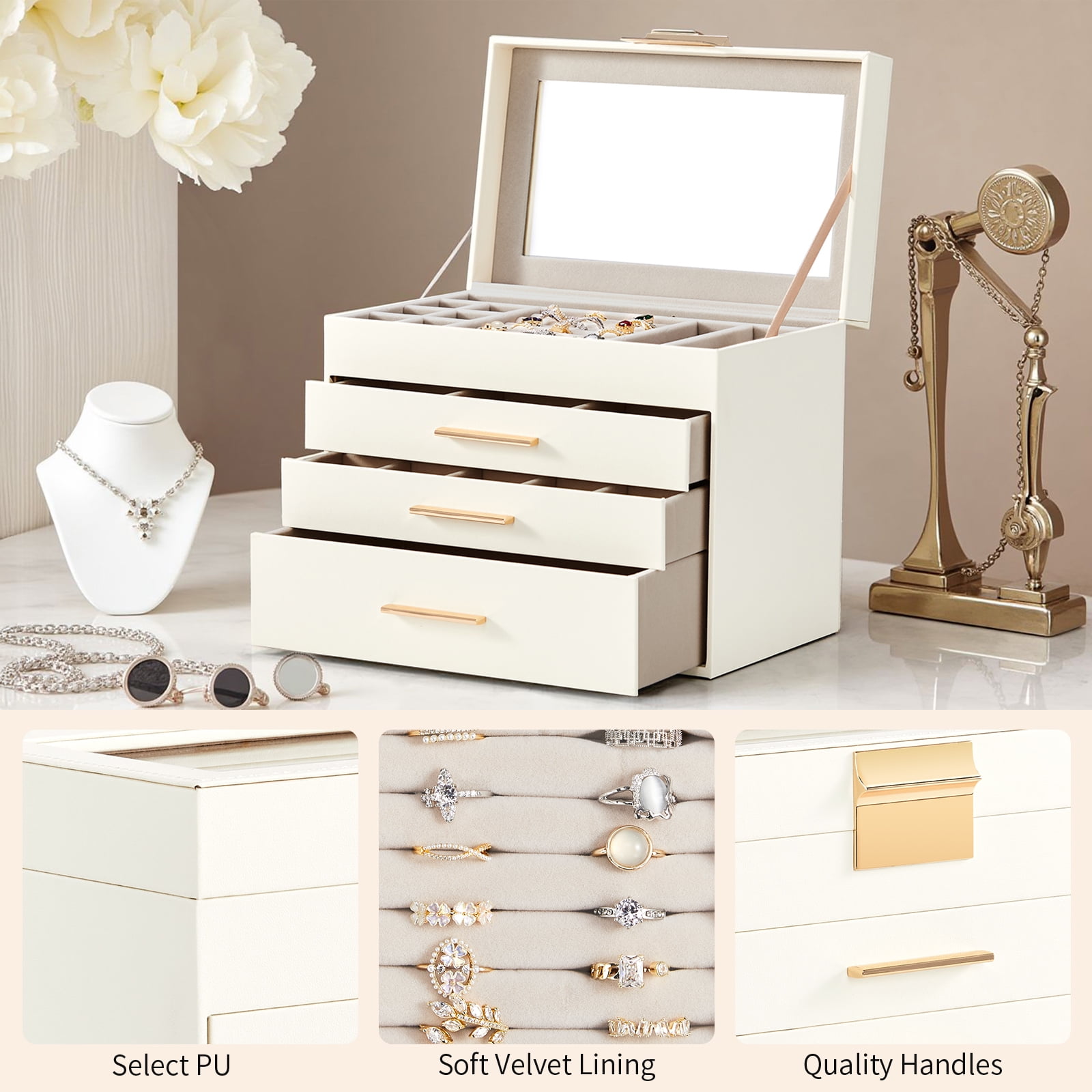 2-Drawer Jewelry Box White Jewelry Organizer with Pink Velvet Lining & Clear Top Lid Compact Storage White