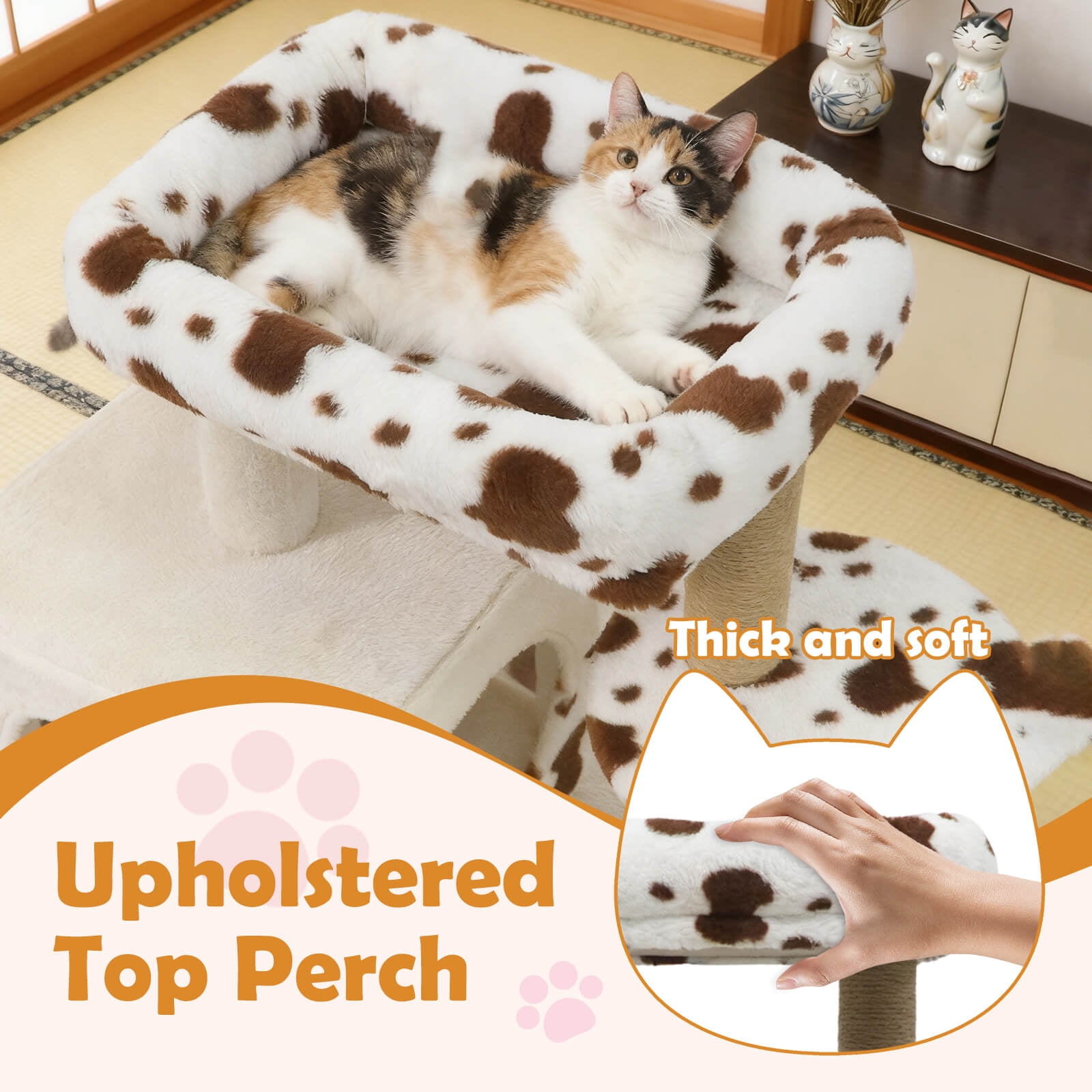 Costway Modern Cat Tree with Wide Upholstered Perch & 2-Entrance Cat Condo Scratching Posts