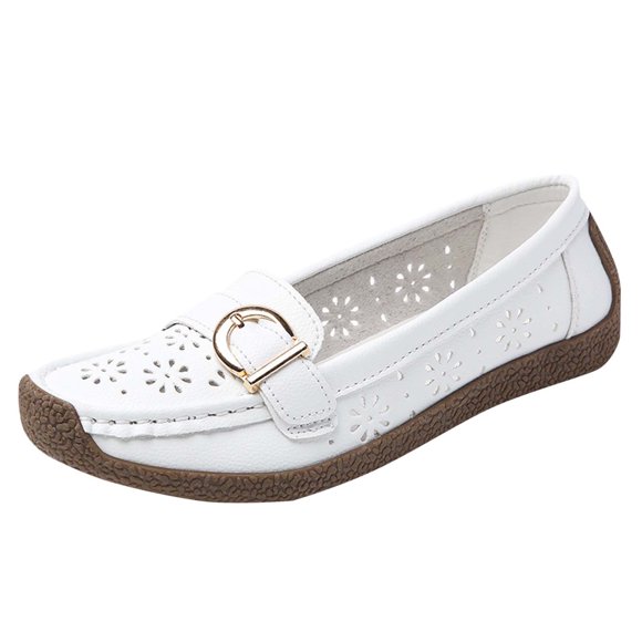 Xfvqtps Womens Breathable Loafers with Hollow Design Soft Thick Sole Slip on Shoes for Women Comfortable Casual Flat Shoes with Metal Buckle White