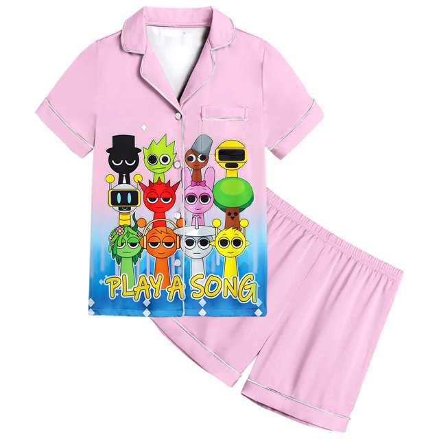 XDZJLR Ensemble de Pyjamas pour Filles, Thème Musical Sprunki, Manches Courtes, Col à Revers, Bouton Imprimé, T-Shirt et Shorts, Rose 6-7 Ans