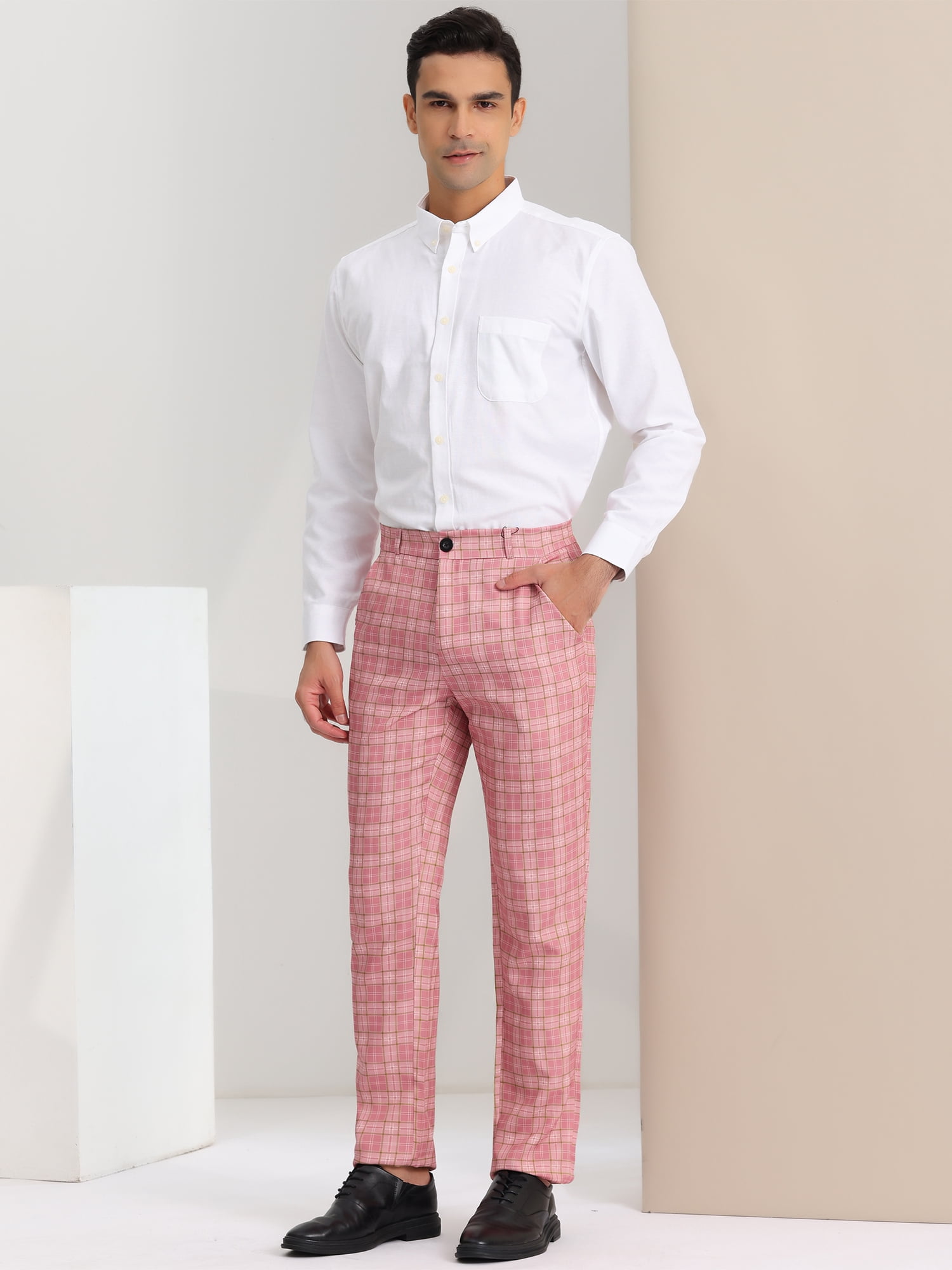 Unique Bargains Men's Dress Pants Casual Flat Front Stretch Business Plaid Pants 30 Pink White