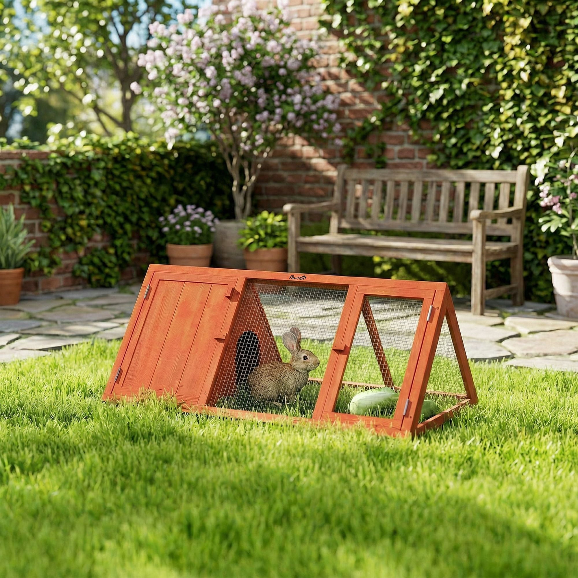 Dranite Wooden Rabbit Hutch with Run, Outdoor Triangle Bunny House for Guinea Pig, Duck & Chicken