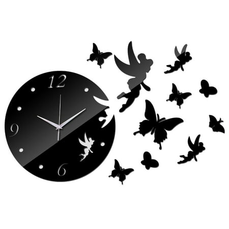 Baby Girl Room Mirrors Wall Clock Stickers, Justdolife DIY Butterfly Angel Pattern Acrylic Clock Mirror Surface Sticker for Home Decor Kids Girls Living Room Bedroom (17.72*17.72in) ()
