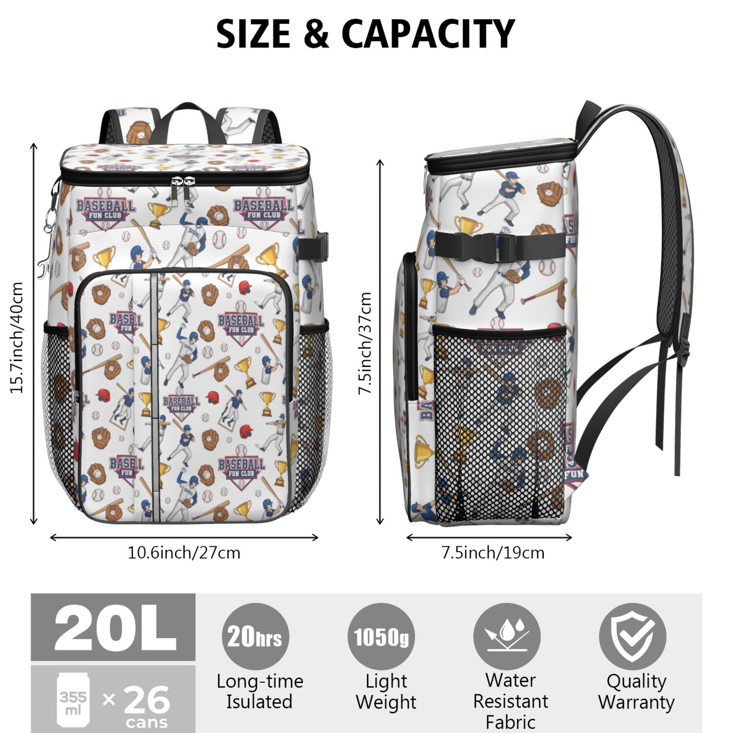 Travel Cooler Bag - White Baseball Fun Club Pattern Camping Beer Cooler Backpack with Bottle Opener- Waterproof Insulated Picnic Backpacks - Cooler Bag for Beach