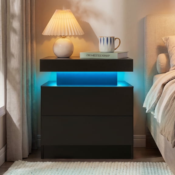 Cubehom Nightstand LED End Side with 2 Drawers Table Modern Wood Bedside Table for Adults Bedroom Living Room Black