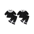 thumbnail image 2 of RUINIXCW Toddler Baby Girl Halloween Outfit Infant Baby Girls Fall Clothes Cute Pumpkin Ghost Embroidery Long Sleeve Babydoll Shirt Tops Ruffled Flare Pants Set, 2 of 9