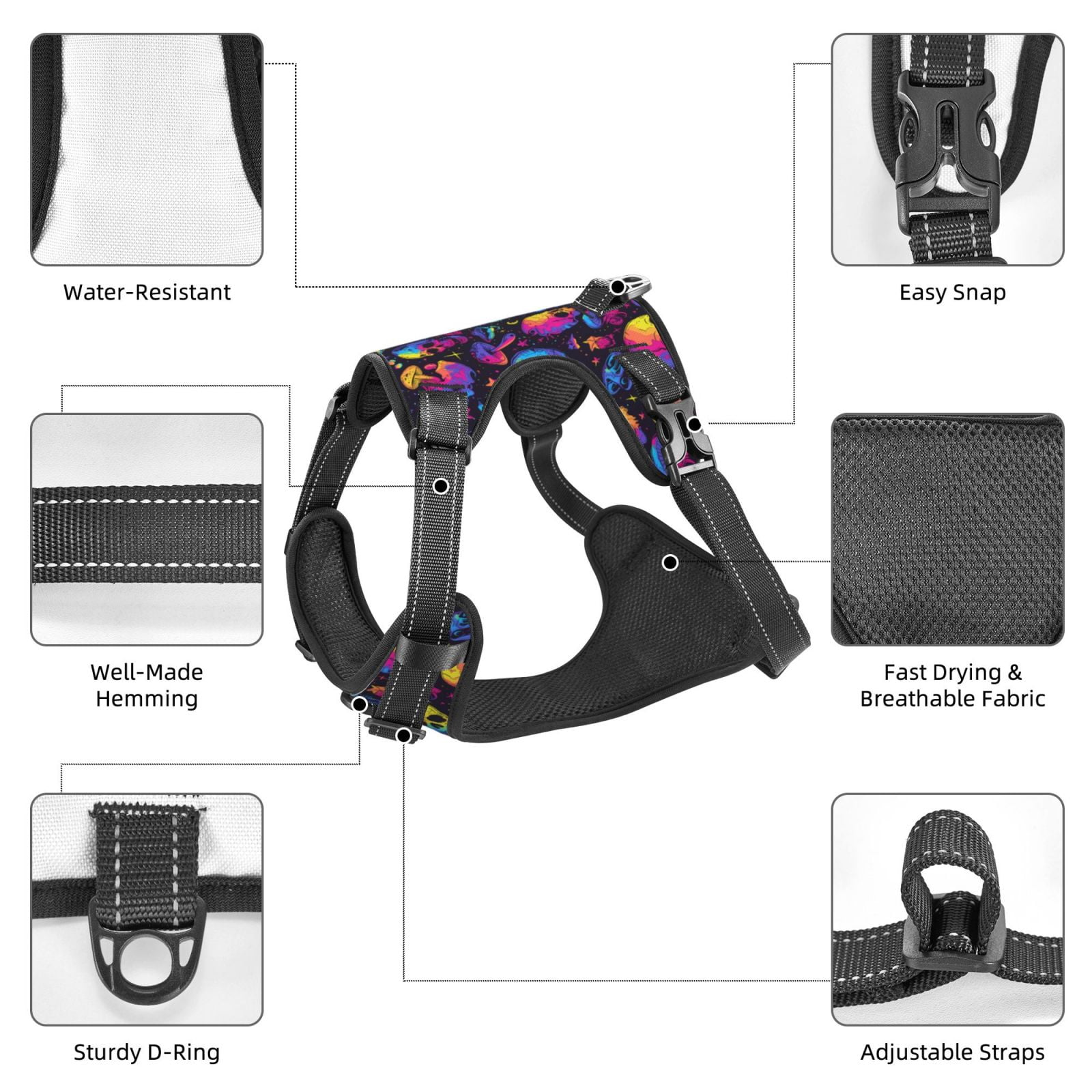 Vsdgher mushroom rainbow color Skull Pattern Dog Harness,No Pull Pet Harness with Soft Padded Handle,Adjustable Reflective Vest with 2 Buckles,4 Slide Buckles,S-XL Large