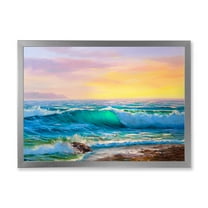 Designart 'Blue Waves Breaking At The Beach Landscape IV' Nautical & Coastal Framed Art Print