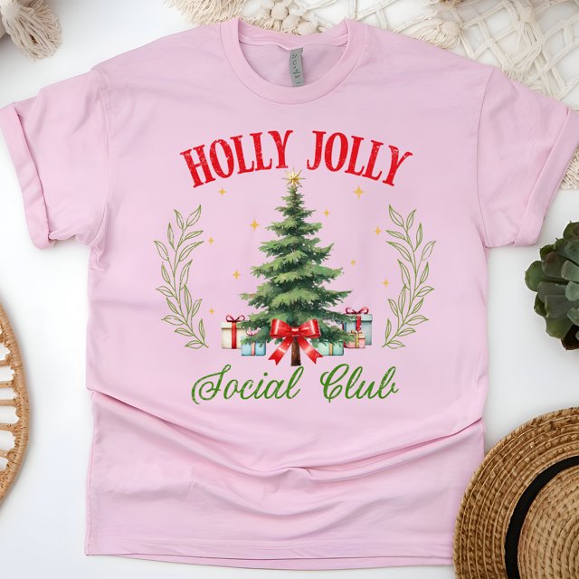 Holly Jolly Social Club T-Shirt | Christmas Tree Graphic Tee, Light Pink, Size L