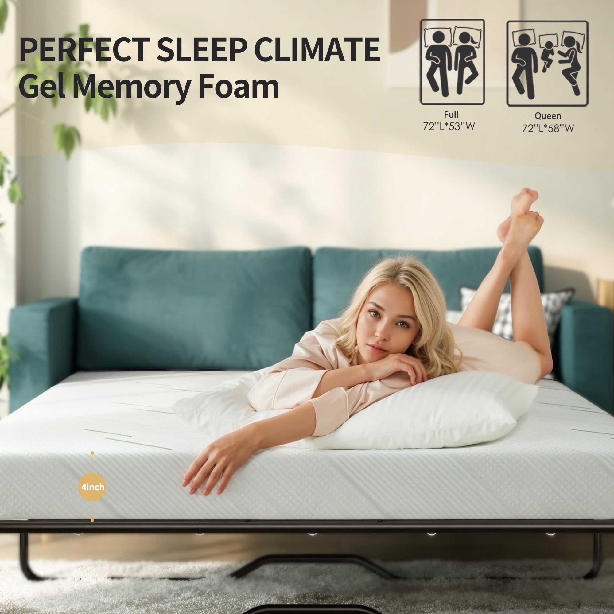 4-Inch Full Size Gel Memory Foam Replacement Mattress for Sleeper Sofa and Couch Beds, Breathable Washable Cover, Slip-Resistant Base for Convertible Sofa, CertiPUR-US Certified (Sofa Not Included)