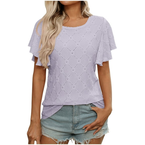 Timegard Womens Summer Tops Ruffle Short Sleeve Round Neck Hollow out Comfy Beach Casual Tee Shirts