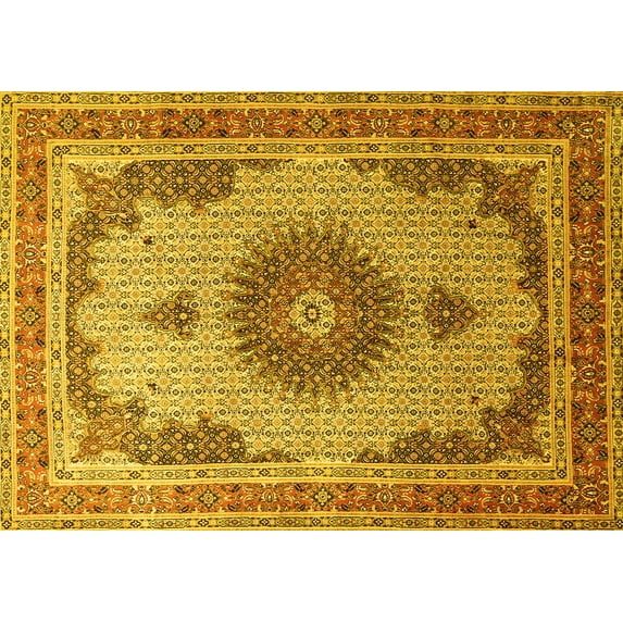 Ahgly Company Machine Washable Indoor Rectangle Medallion Yellow Traditional Area Rugs, 8' x 12'