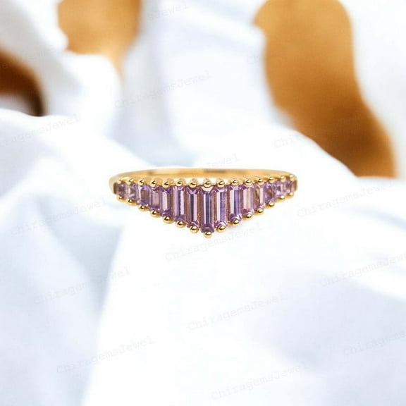 CHIRAGEMSJEWEL Baguette Cut Purple Amethyst Bridal Wedding Band - 6X2MM / 1 ct Feburary Birthstone Women Fine Jewelry Anniversary Gift for Sister