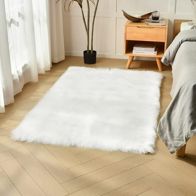 Charming Ideally White Rectangle Faux Fur Rug 3x5 ft, Fluffy Sheepskin Carpet Rug Washable for Bedroom Nursery Living Room White 3x5 ft that Add a Touch of Elegance