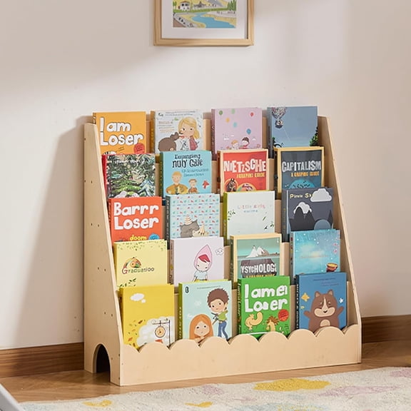 5-Tier Montessori Bookshelf, Scalloped Kids Bookcase, Wooden Book Shelf with 2 Dual Hooks, Daycare Furniture Display Bookshelf for Bedroom, Living Room, Entryway, Nursury, Preschool