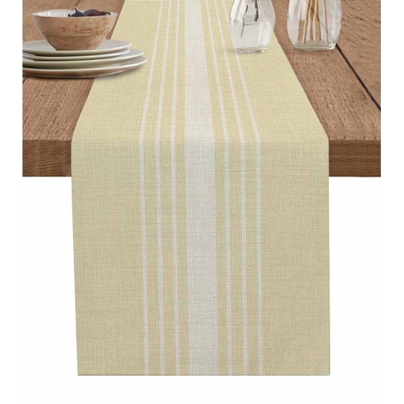 ERUNPONLY Cream Beige Striped Table Runner - 70 Inch Long Modern Farmhouse Retro Lines Cotton and Linen Blended Dress Scarves Farmhouse Table Runner for Kitchen Dining, Coffee Table, 13"x70"