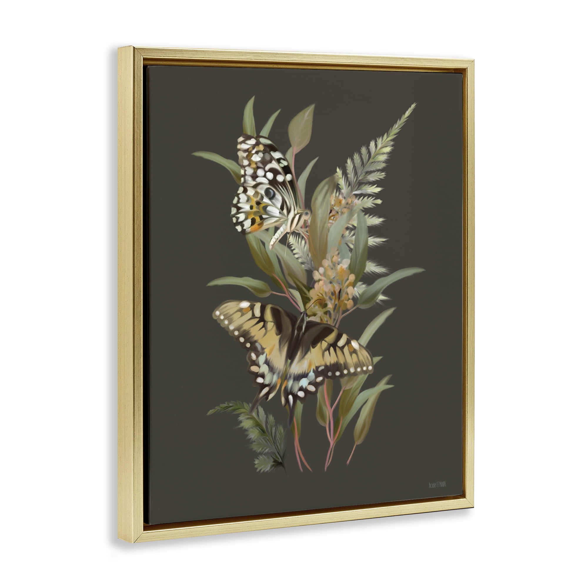 Stupell Industries Twin Swallowtails & Greenery Gold Framed Floater Canvas Wall Art, design by House Fenway