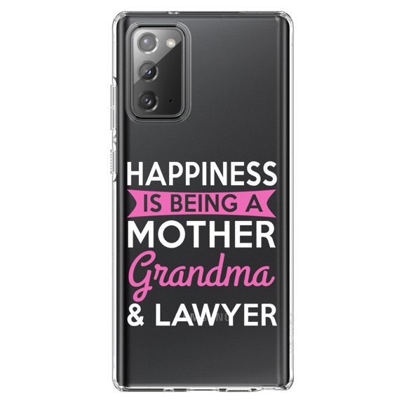 DistinctInk Clear Shockproof Hybrid Case for Samsung Galaxy Note 20 (6.7" Screen) - TPU Bumper Acrylic Back Tempered Glass Screen Protector - Happiness is Being a Mother Grandma Lawyer