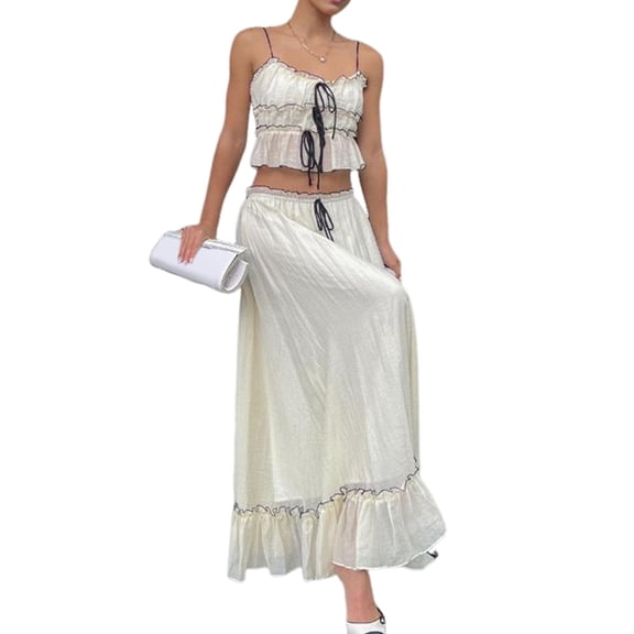 Women'S Skirt Sets 2 Piece Outfits Contrast Trim Ruffle Hem Tops and Maxi Skirt Vacation Set Color S