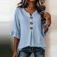thumbnail image 4 of Cilsoka 3/4 Length Ruffle Sleeve Womens Tops Cotton Linen V Neck Button T Shirts Summer Beach Casual Boho Three Quarter Sleeve Tops, 4 of 6