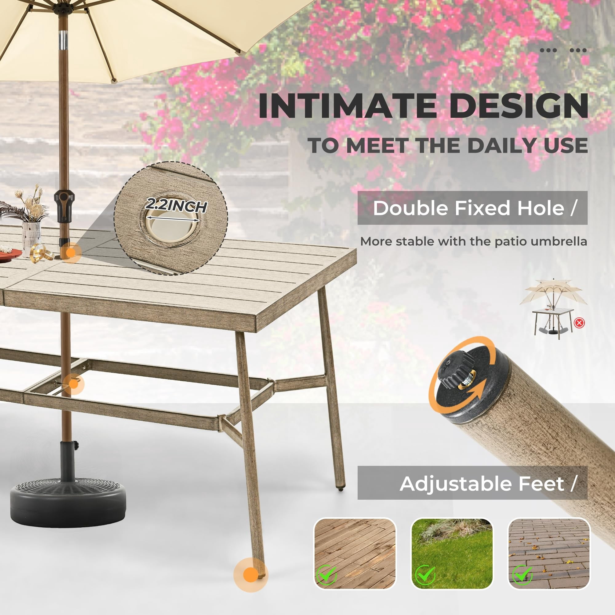 Patio Dining Table for 8, 84 Inch Outdoor Aluminum Table with Umbrella Hole, All Weather Rectangle Patio Table for Backyard Garden Poolside Deck, Brown