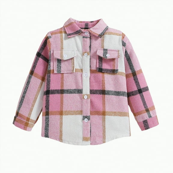 TOWED22 Boys Girls Flannel Plaid Shirt Jacket Long Sleeve Lapel Button Down Pocketed Shirts Regular Fit Casual Fall Coat(Pink,10-11 Y)