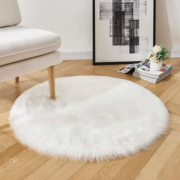 Sanmadrola Faux Sheepskin Area Rugs Fluffy Shaggy Rug Ultra Soft Faux Fur Carpets Rug Fluffy Washable Rug for Bedroom,Round Nursery Room,Luxury Living Room Decor White 3x3 Ft
