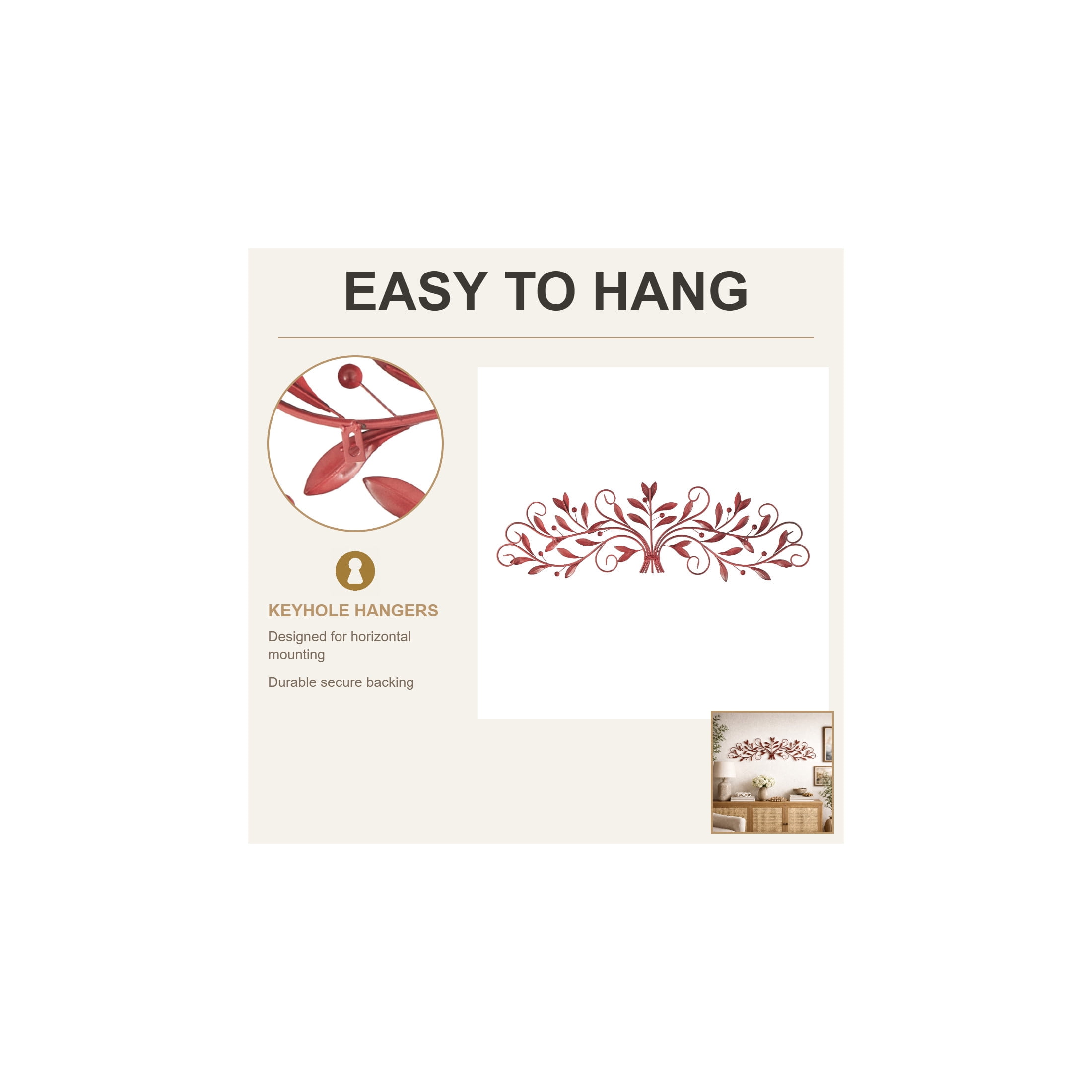 DecMode Red Metal Long Scrolled Leaf Wall Decor with Beaded Accents