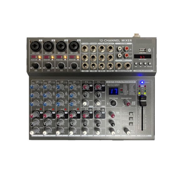 Mezcladora Pasiva SOUNDTRACK MX-1202U 12 Ch Bluetooth Phantom USB Reproductor MP3 con pantalla color Gris