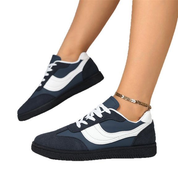 Domuza Women’s Retro Stripe Casual Sneakers, Low Top Lace Up Flat Walking Shoes Non-Slip Gum Rubber Sole Footwear Blue 9(EU-42)