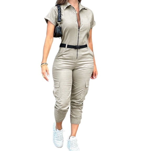 CHICME Jumpsuits for Women Solid Color Short Sleeve Turn Down Collar Casual Zip Up Jumpsuits Pocket Design Cargo Romper Brown-L