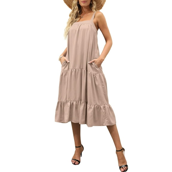 KOMOO Women Ruffle Tiered Slip Dress Casual Sleeveless Loose Pocket Flowy A Line Dress Swing Beach Sundress