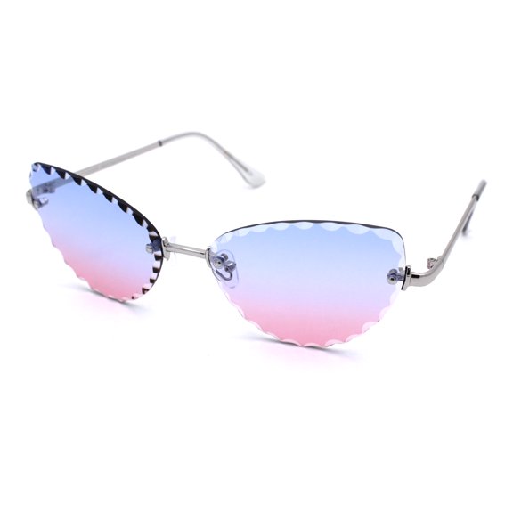 Womens Floral Petal Bevel Edge Rimless Cat Eye Sunglasses Silver Blue Pink