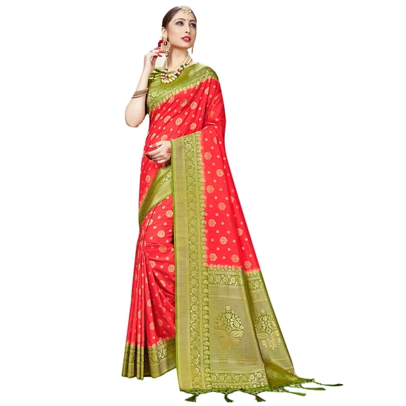 Sarees for Women Banarasi Art Silk Woven Saree || Ethnic Indian Gift Traditional Wedding Gift Sari with Unstitched Blouse Red