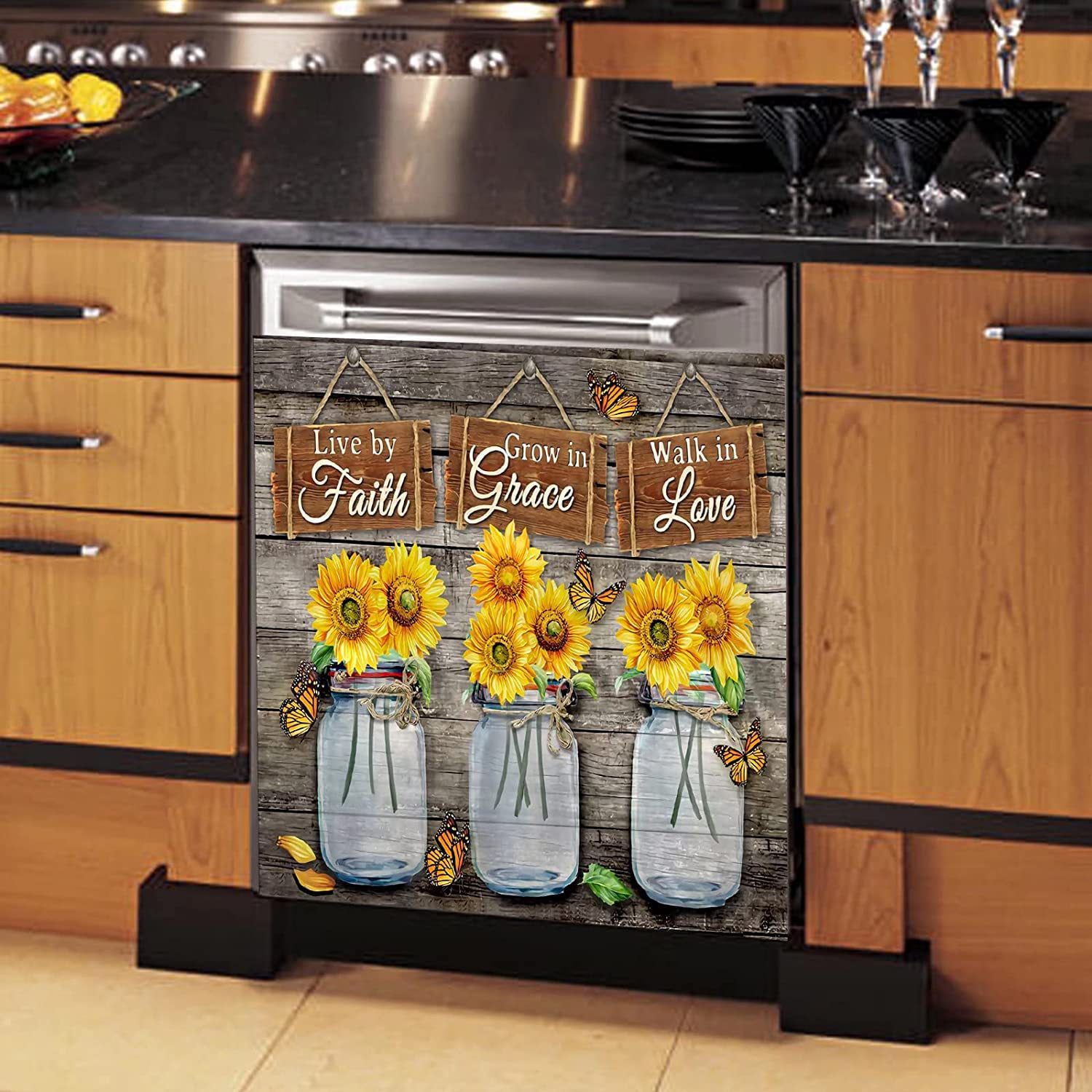 Dishwasher Magnetic Cover, Fall Sunflowers Flowers Khaki Plaid  Magnet Dishwasher Door Cover Refrigerator Decal Panel Kitchen Appliances  Decor Stickers, Easy Clean, 23Wx26H