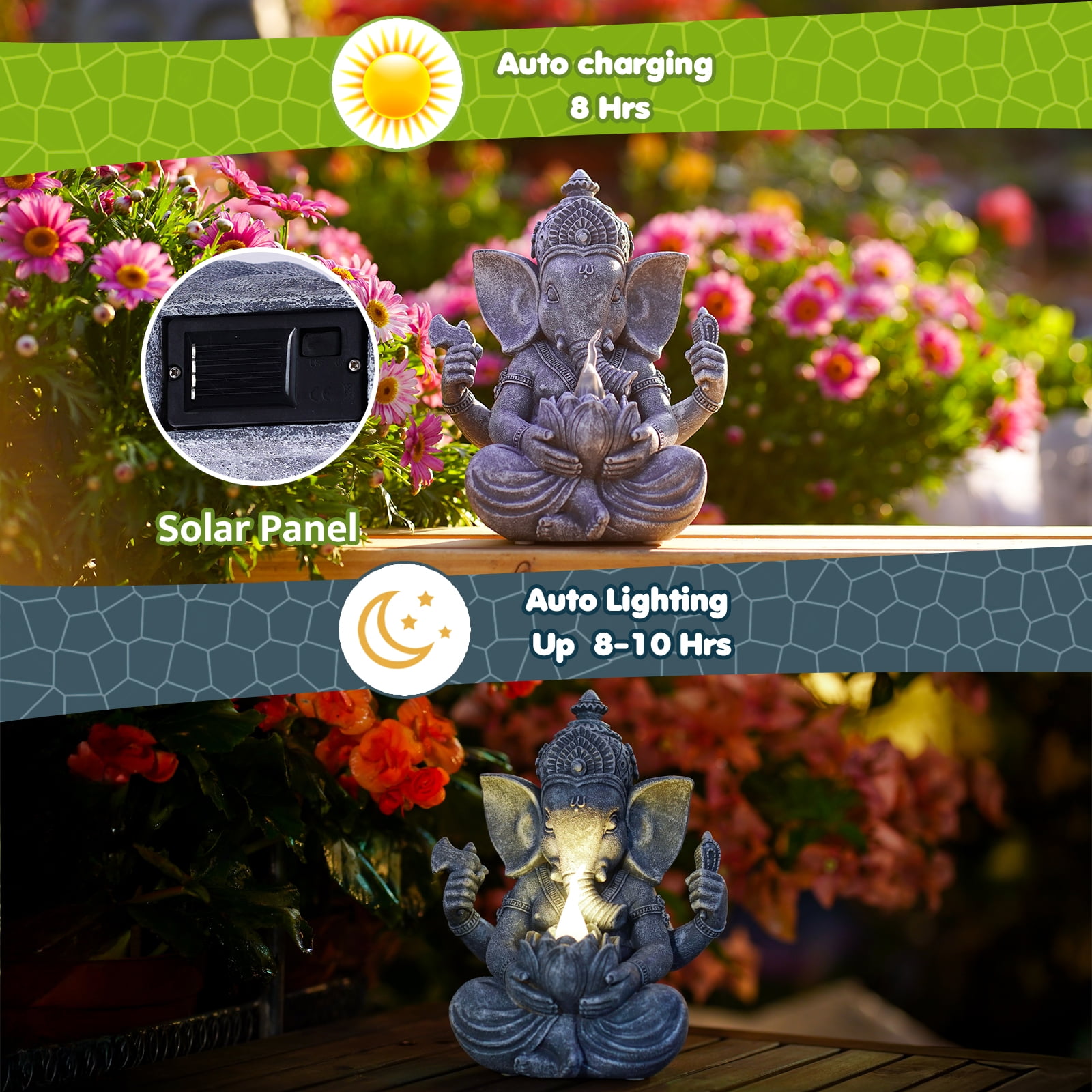 Solar Ganesha Elephant Garden Statues -Outdoor Sculptures with Lotus Lights Decor for Garden Yard Art