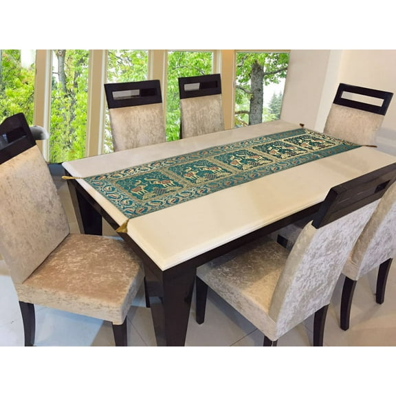 Stylo Culture Brocade Jacquard Coffee Table Runner Dark Green Rectangular Bohemian Traditional Living Room Decor Elephant Peacock Decorative Center Table Cloth | 60x16 Inches ( 152 x 40 cm)