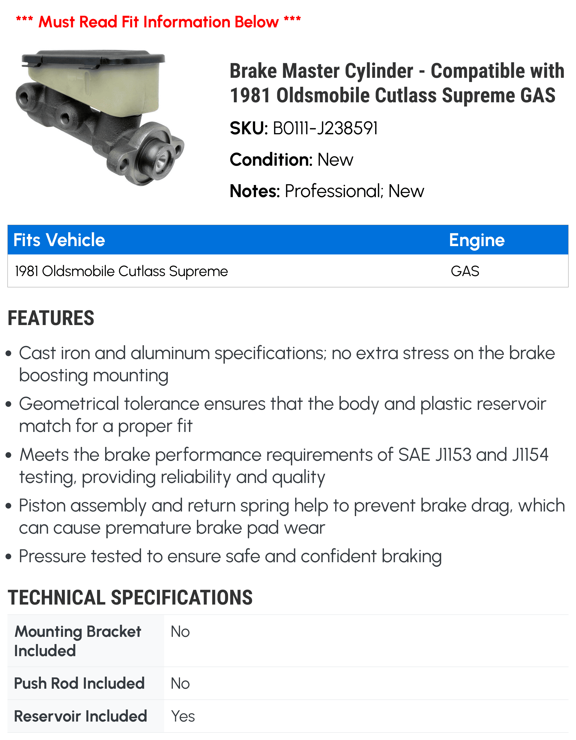Brake Master Cylinder - Compatible with 1981 Oldsmobile Cutlass Supreme GAS