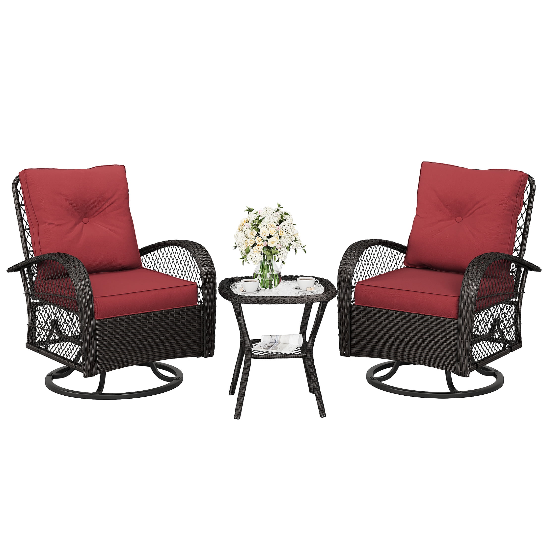 Techmilly 3 Pieces Patio Furniture Set, Outdoor Swivel Gliders Rocker, Glass Top Side Table  (Red)