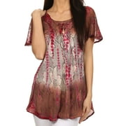 Sakkas Dina Relaxed Fit Sequin Tie Dye Embroidery Cap Sleeves Blouse / Top - Brown / Beige - Plus Size