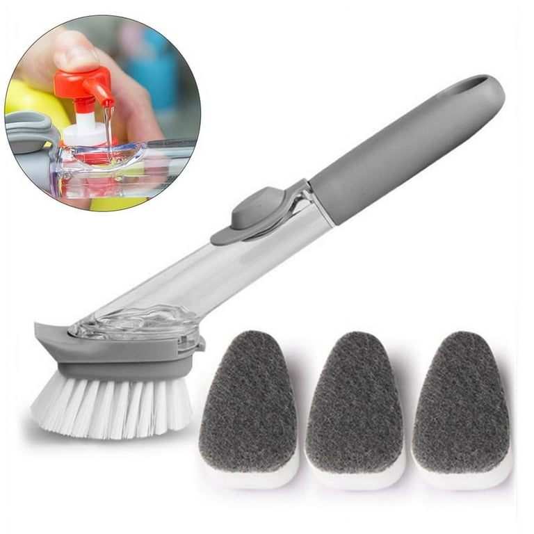 Xelparuc Soap Dispensing Dish Brush, Kitchen Scrub Brush for Pans Pots Sink  - with 1 Handle and 3 Brush Heads, Clear/Gray 