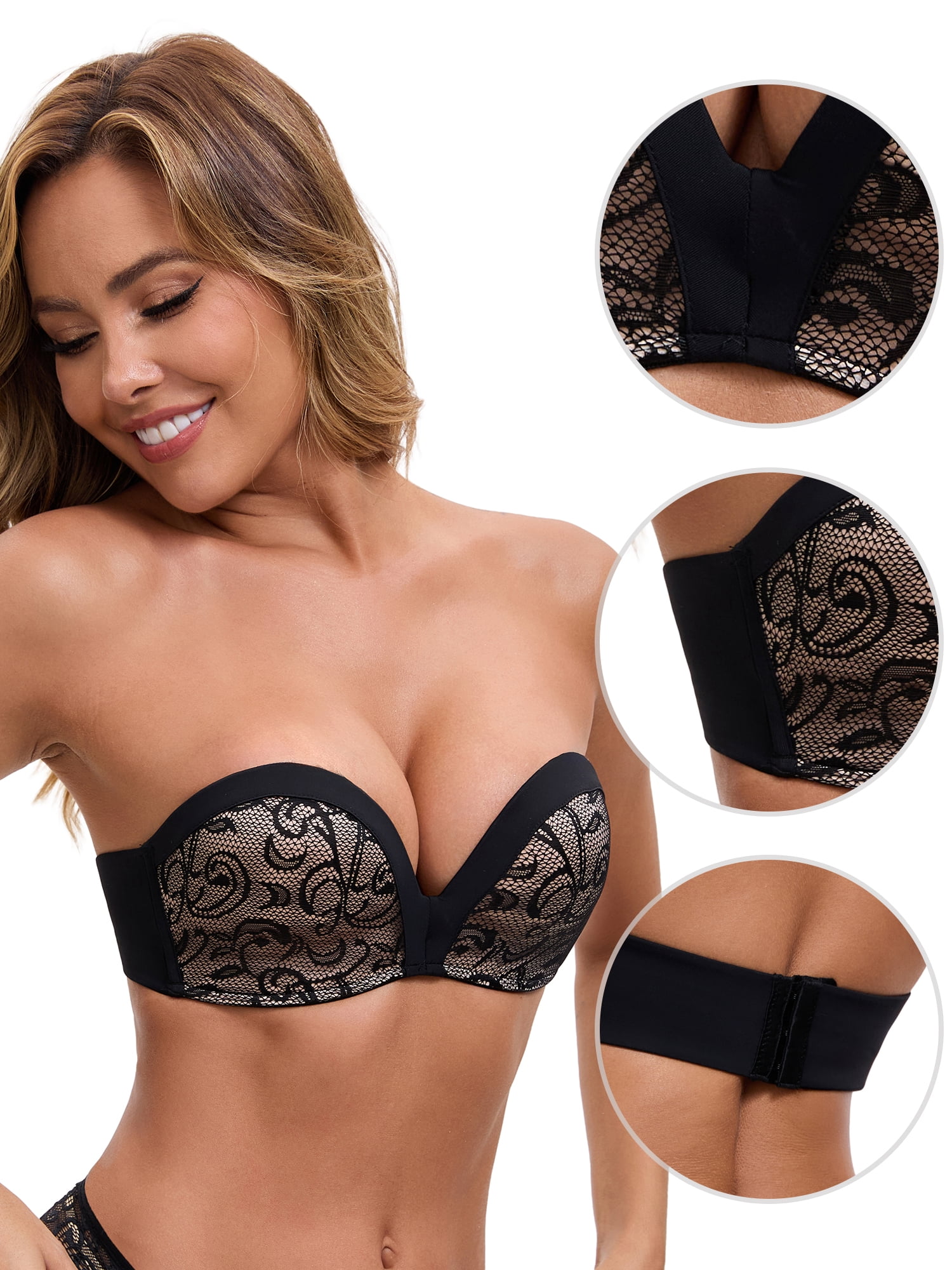 DARING DIVA Women's Deep V Strapless Wireless Demi Bandeau Lace Top Push-Up Bra 36B Black